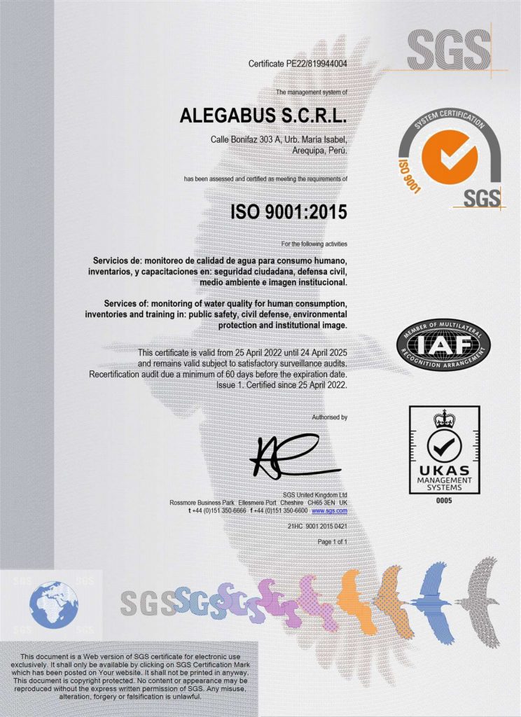 CERTIFICACIÓN ISO 9001: 2015 BRINDADO A LA EMPRESA ALEGABUS S.C.R.L.