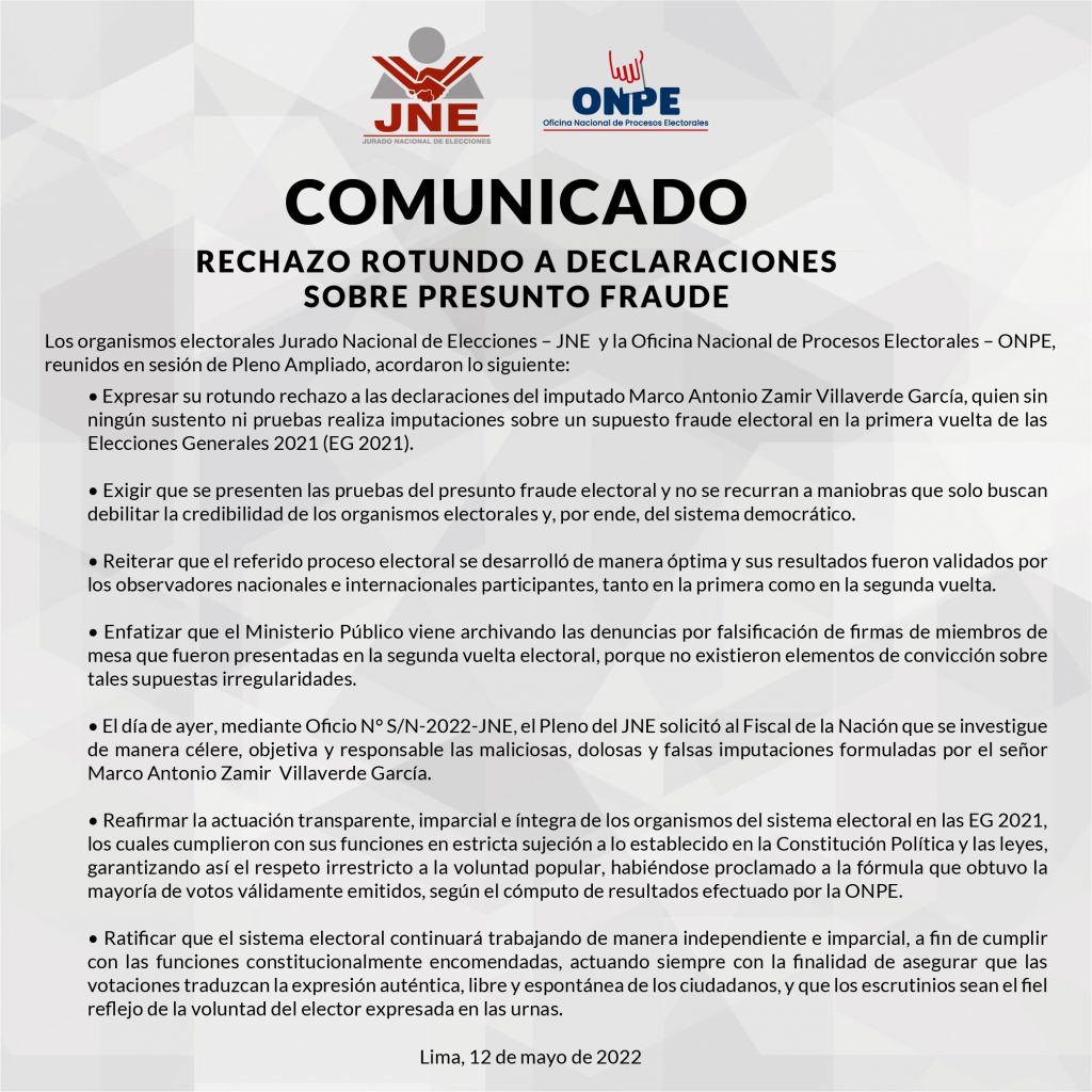 JNE y la ONPE rechazan las declaraciones de Zamir Villaverde