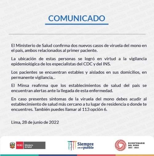 Comunicado del Ministerio de Salud del Perú.