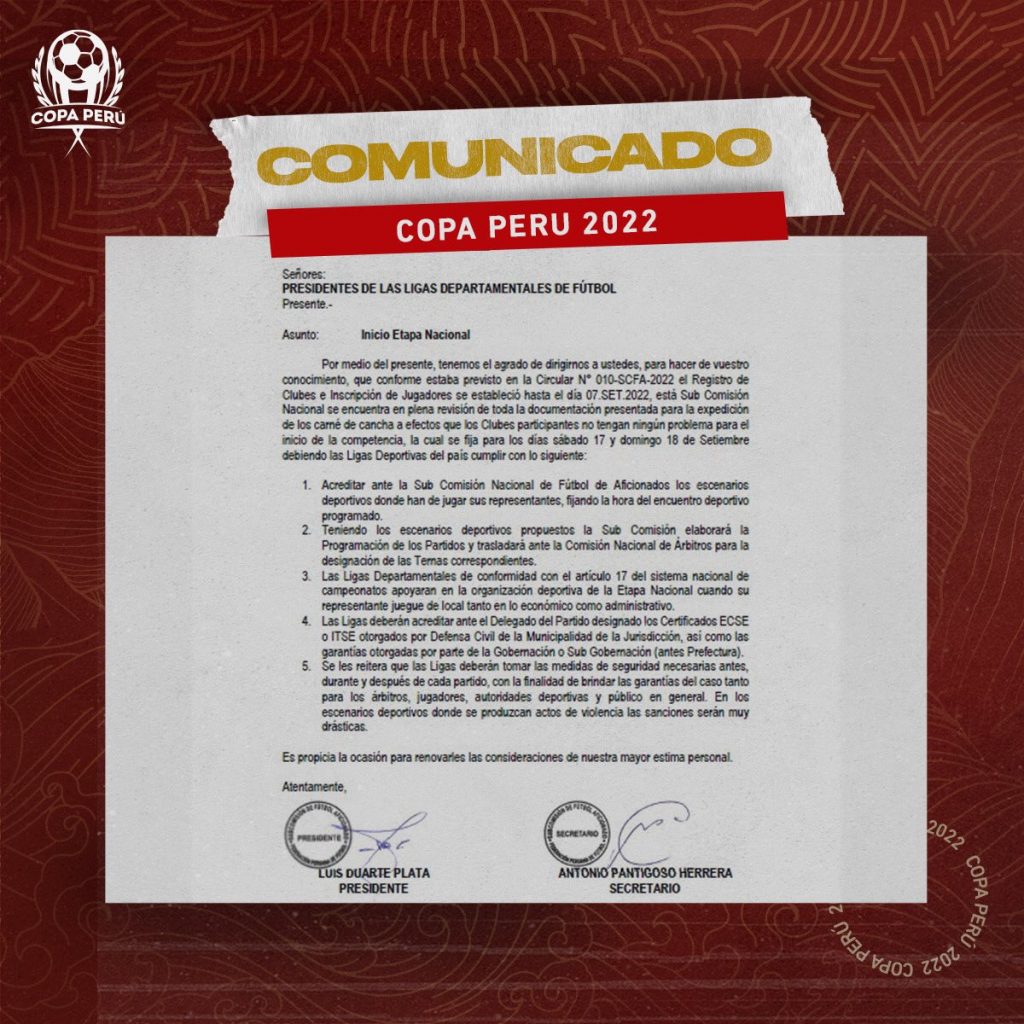 Comunicado oficial sobre el inicio de la etapa nacional de la Copa Perú.