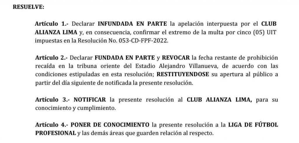Resolución que habilita la tribuna oriente de Alianza Lima, pese a agresiones al plantel de Universitario de Deportes. 