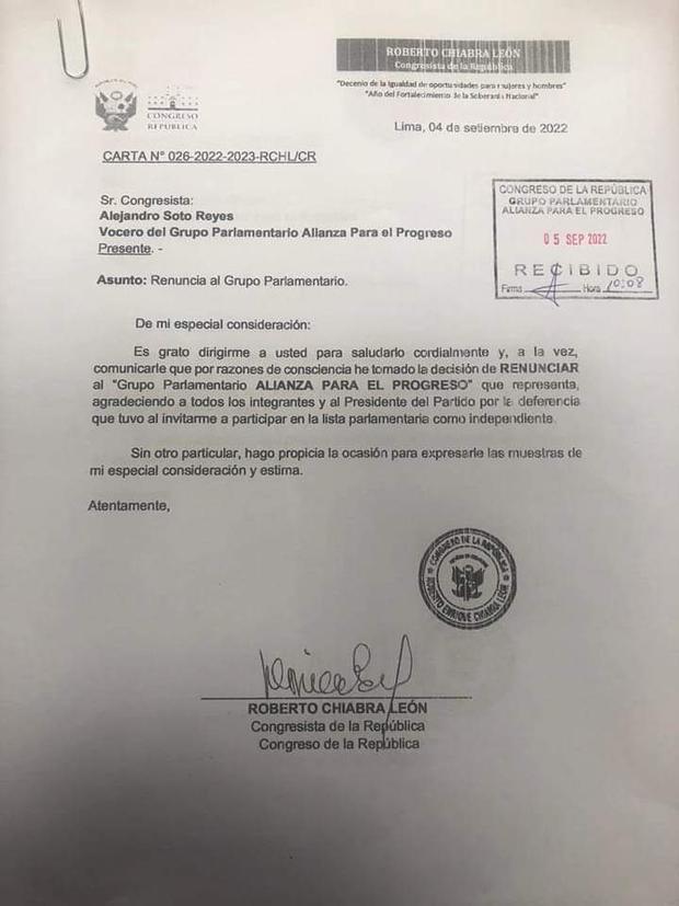 Carta de renuncia de Roberto Chiabra a APP