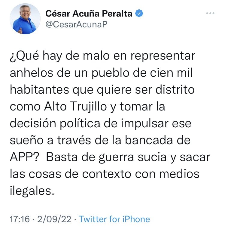 Descargo de Cesar Acuña vía Twitter.