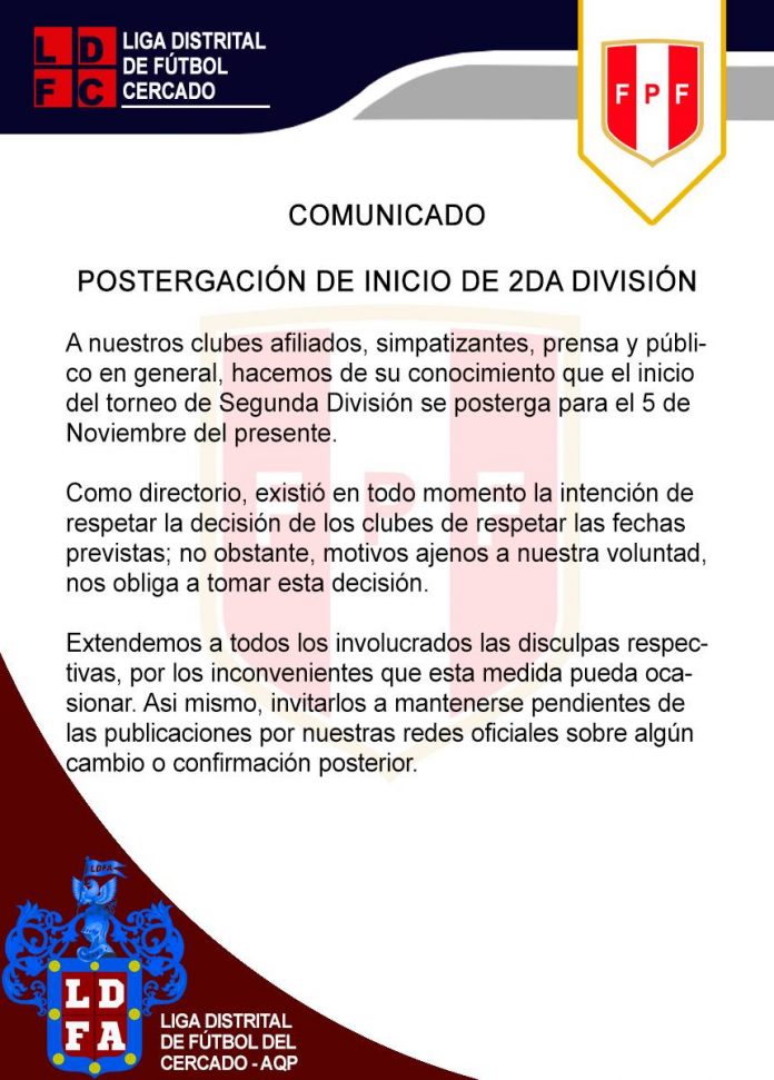 Anuncio oficial por parte de la Liga Distrital de Futbol del Cercado-Arequipa sobre la postergación de la Segunda División.