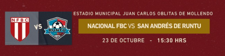 Programación oficial del deulo entre Nacional FBC y San Martín de Runtu por la clasificación a octavos de final en la Copa Perú.