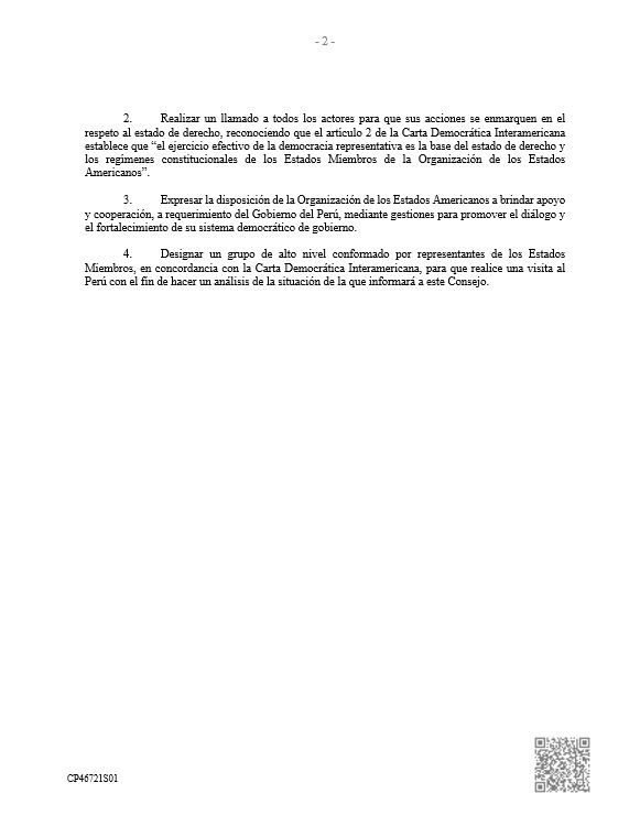 OEA aprueba resolución de apoyo al Gobierno de Pedro Castillo