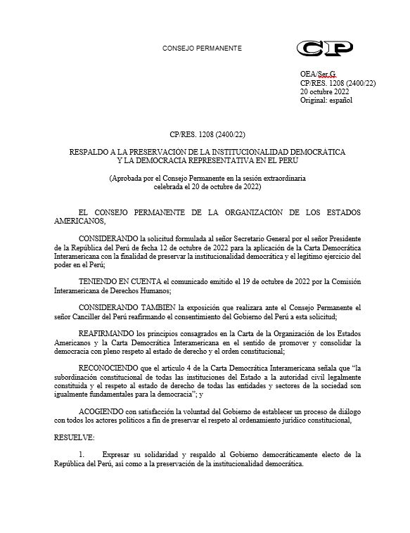 OEA aprueba resolución de apoyo al Gobierno de Pedro Castillo