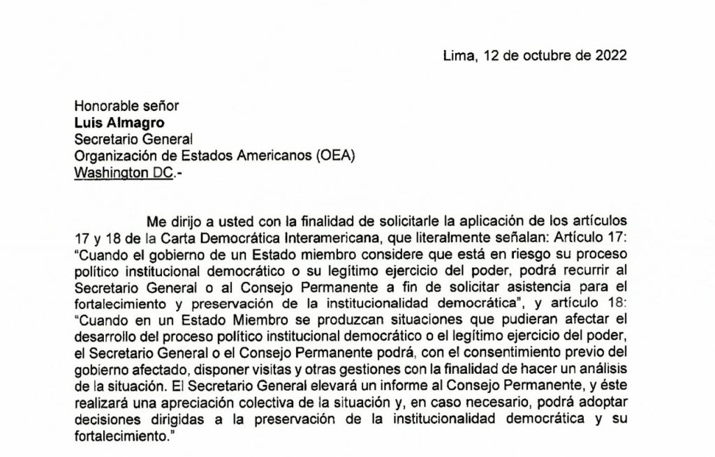 Carta Democrática Interamericana y Pedro Castillo pide su uso