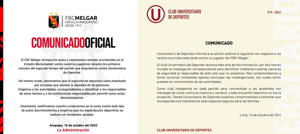 Pronunciamientos de Melgar y Universitario sobre lo sucedido con Kevin Quevedo en el estadio Monumental.