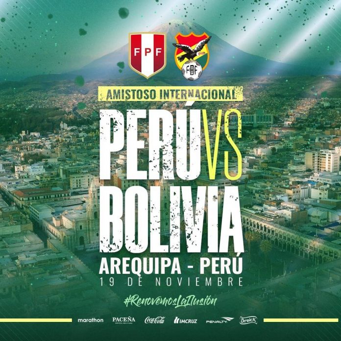 Publicación oficial de la Federación Boliviana de Fútbol sobre el amistoso ante la Selección Peruana, que se realizará en Arequipa.
