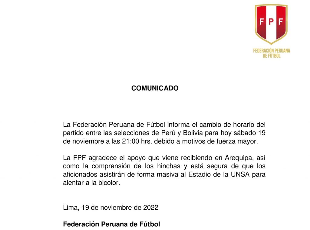 Comunicado oficial de la Federación Peruana de Fútbol sobre el cambio de horario para el partido de Perú y Bolivia. 