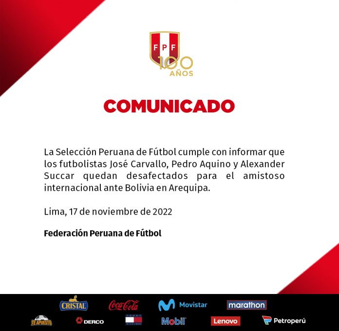 Anuncio de la Selección Peruana sobre futbolistas que no participarán del amistoso ante Bolivia.