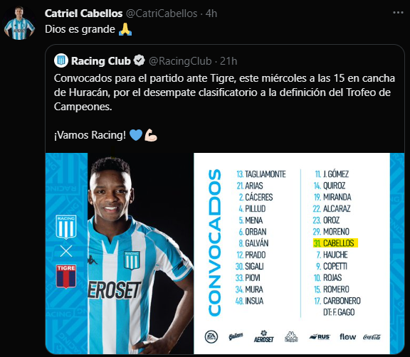 Catriel Cabellos se mostró feliz en redes sociales tras la convocatoria en el primer equipo de Racing Club.