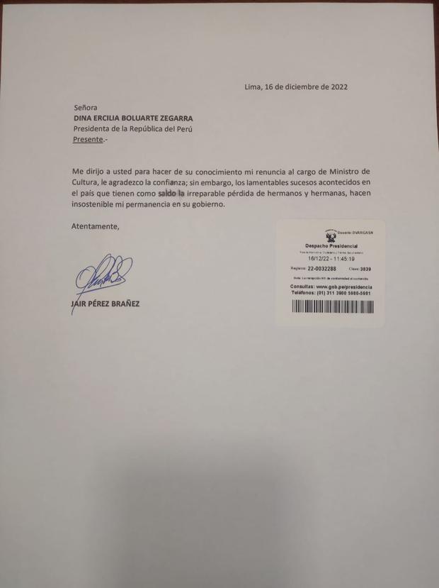 Carta de renuncia del Ministro de Cultura, Jair Pérez.