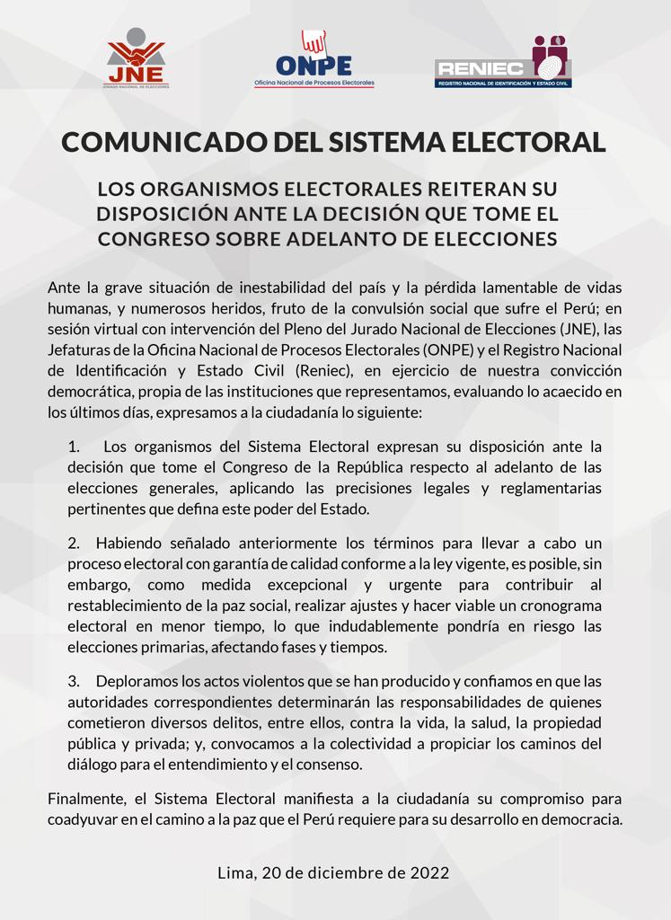 Comunicado emitido por los organismos electorales del país.