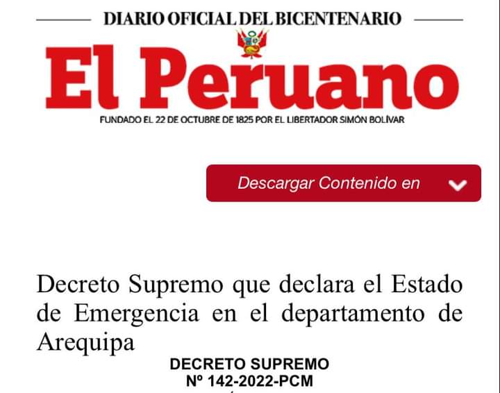 Decreto Supremo que declara el Estado de Emergencia en Arequipa.