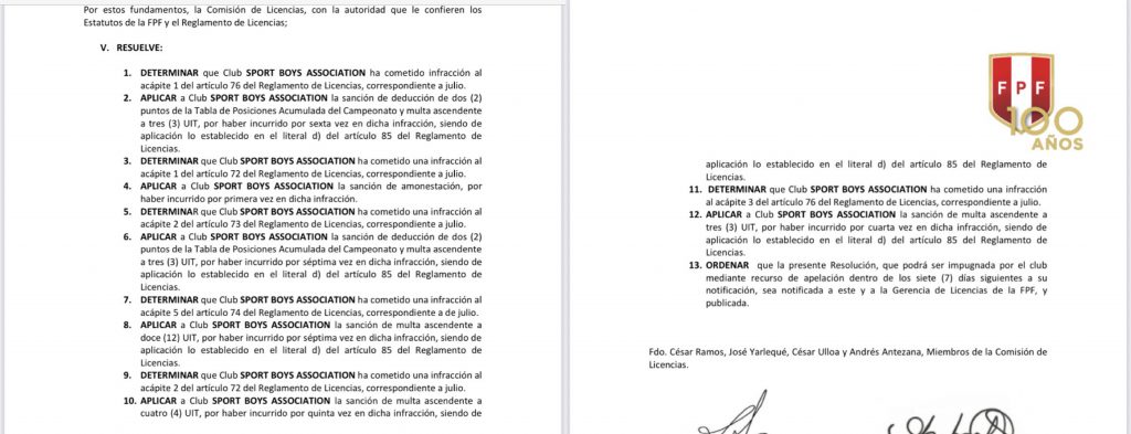 Resolución de la Comisión de Licencias que pone en problemas al Sport Boys del Callao. 