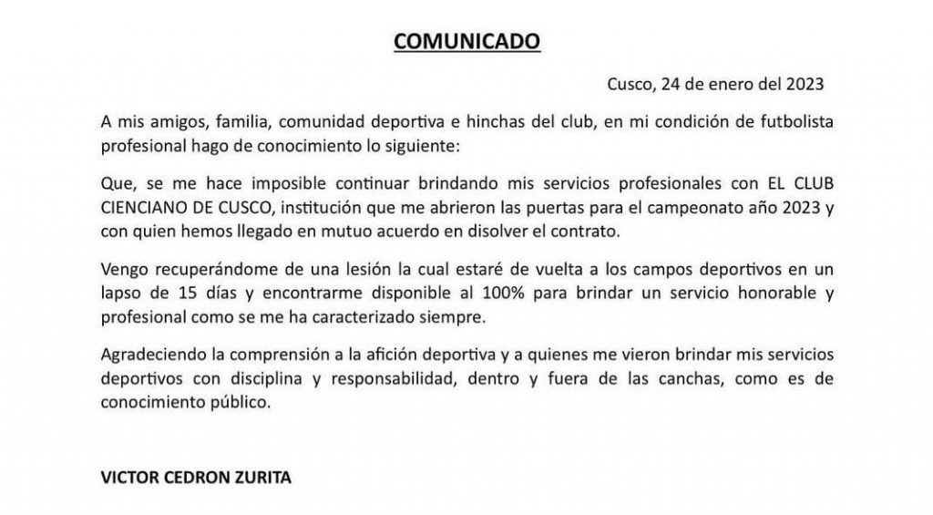 Comunicado de Víctor Cedrón sobre su salida del Cienciano del Cusco. 