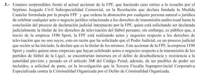 Fragmento del Comunicado de la ADFP sobre el accionar de la FPF y los derechos de transmisión de la Liga 1.
