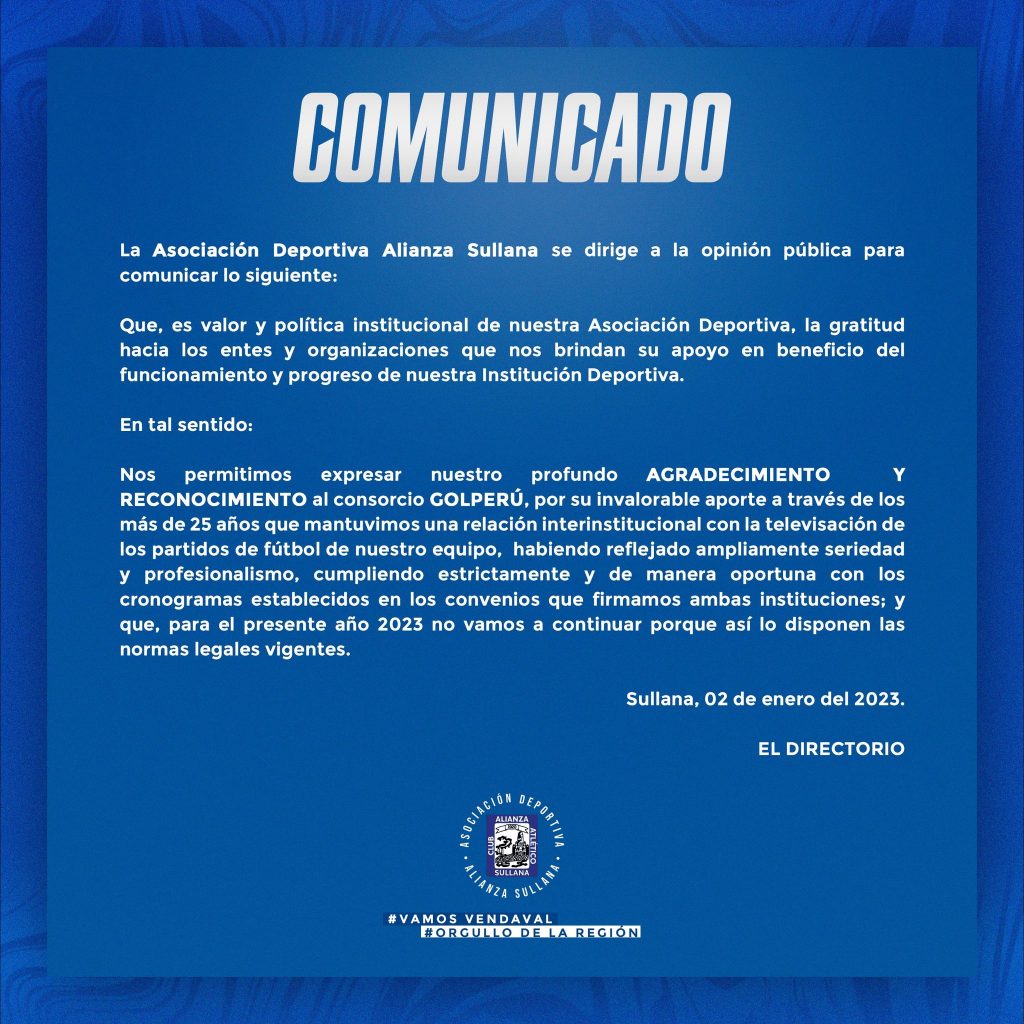 Comunicado oficial de Alianza Atlético sobre su salida de GOLPERÚ.