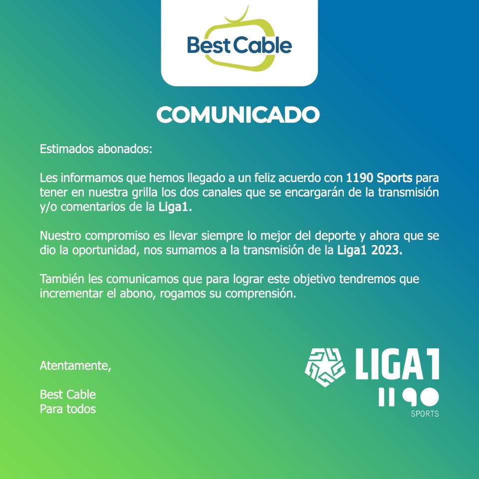 Comunicado oficial de Best Cable sobre la transmisión de la Liga 1.