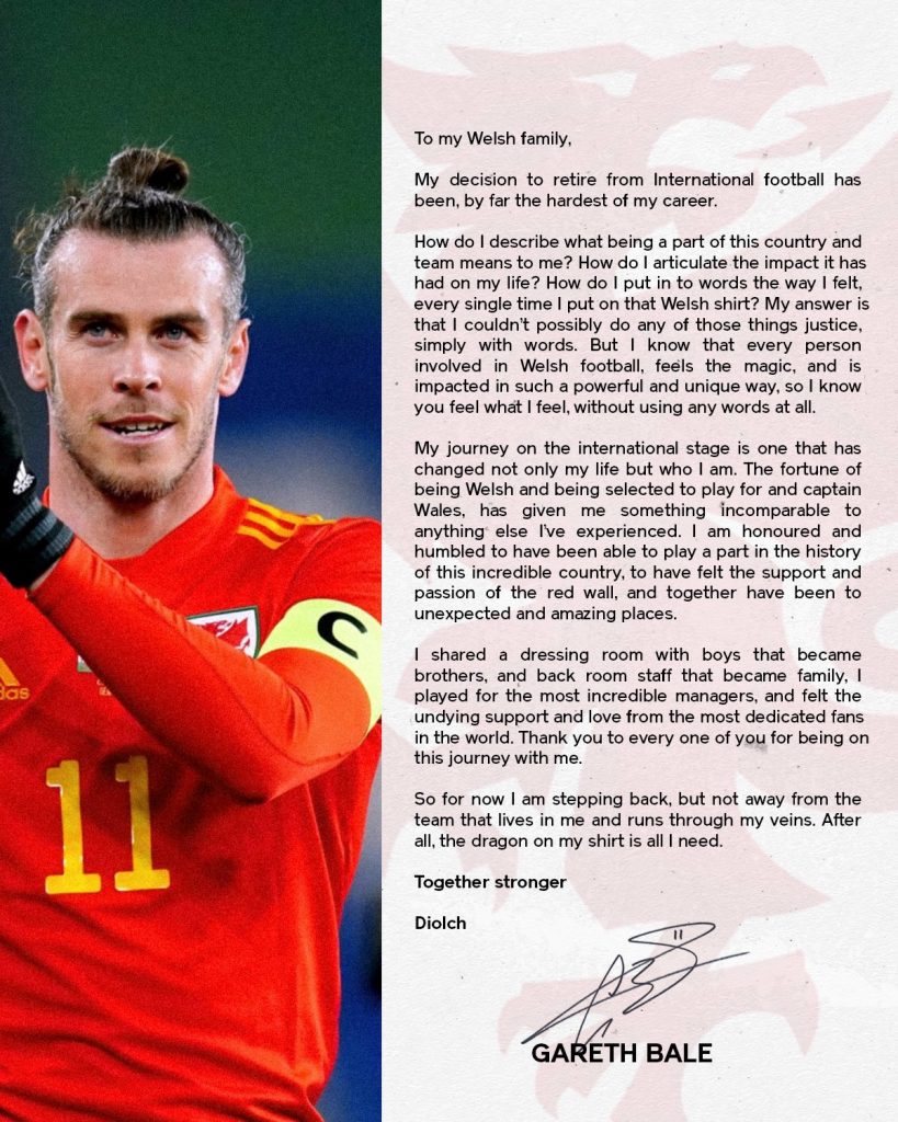 Comunicado de Gareth Bale en el que pone fin a su carrera futbolística. 
