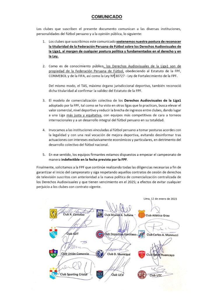 Equipos reconocen a la Federación Peruana de Fútbol como dueña de los derechos de transmisión de la Liga 1. 