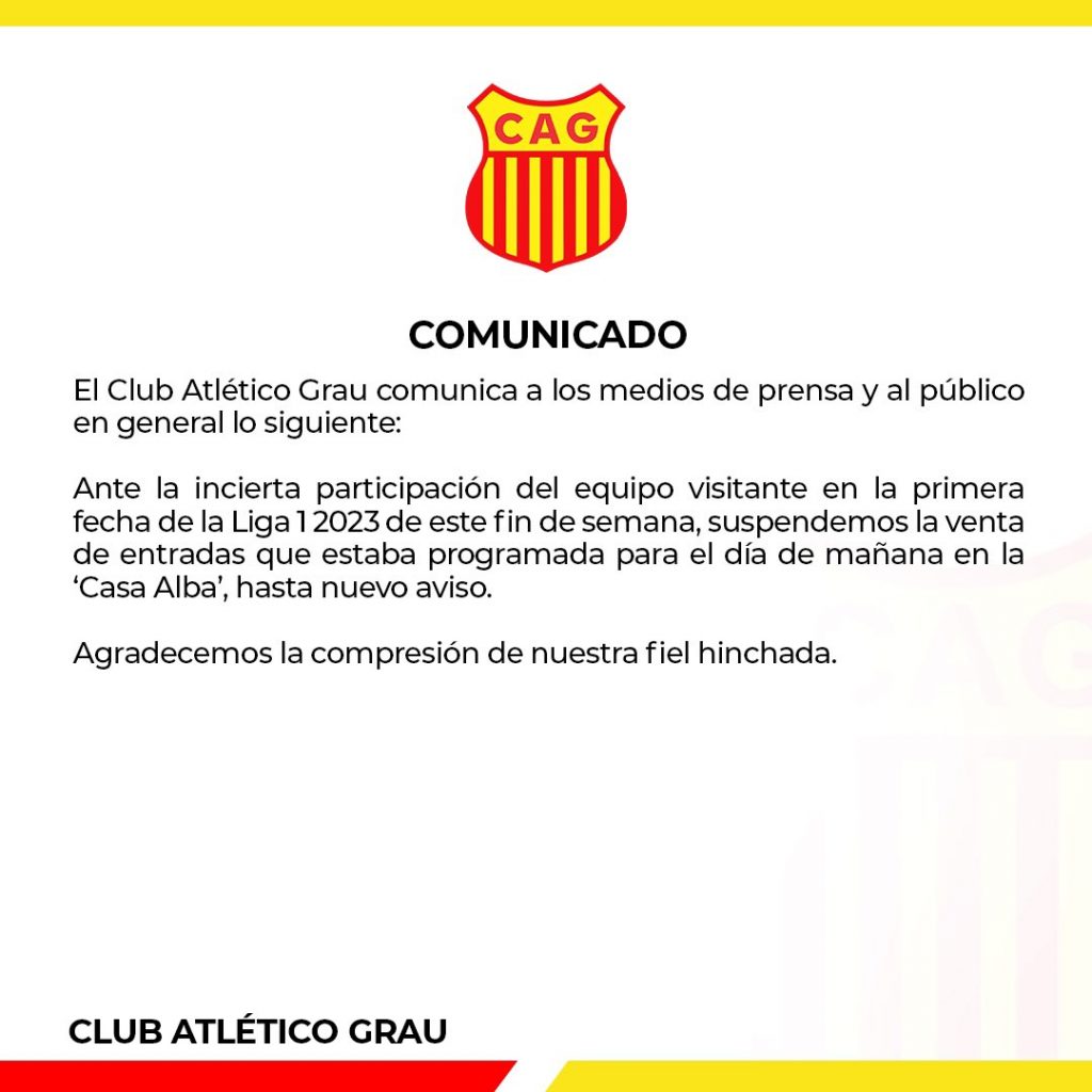 Comunicado oficial de Atlético Grau sobre la primera fecha de la Liga 1. 