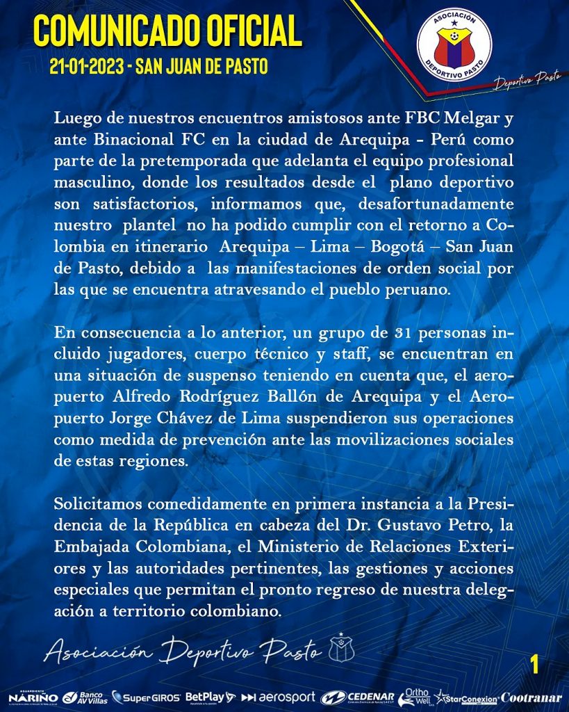 Comunicado de Deportivo Pasto sobre su situación en Arequipa. 