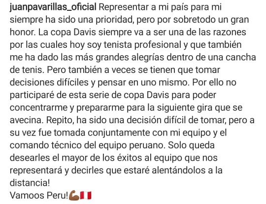 Anuncio de Juan Pablo Varillas sobre su participación en la Copa Davis. 