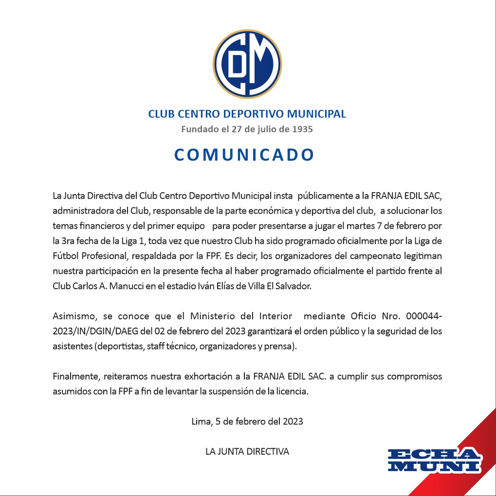 Junta Directiva de Deportivo Municipal quiere jugar la fecha 3.