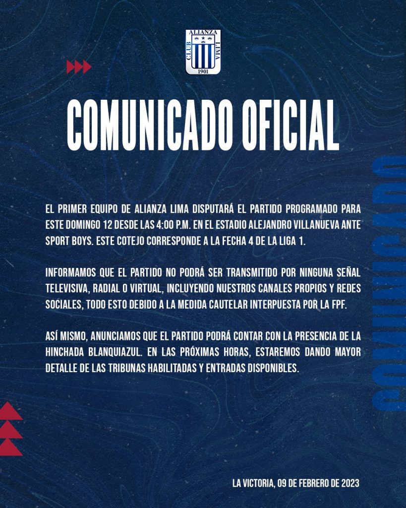 Alianza Lima confirma que jugará la fecha 4 del Torneo Apertura. 
