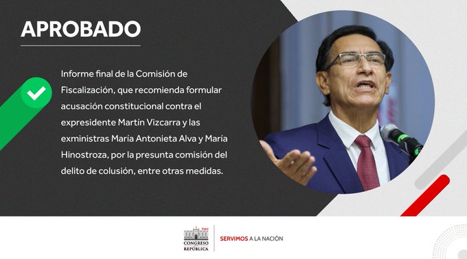 El congreso aprobó el informe final que recomienda formular acusación constitucional contra el expresidente Martin Vizcarra.