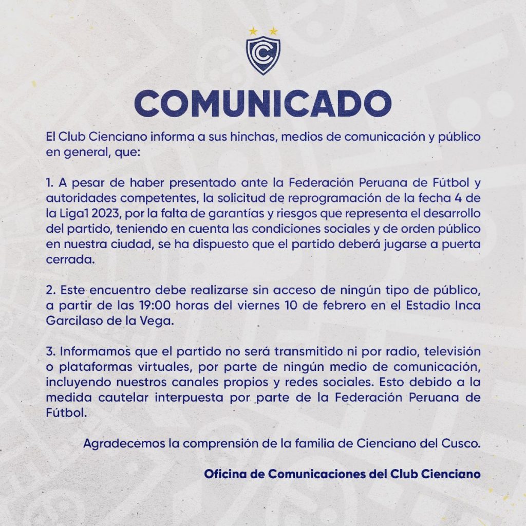 Comunicado oficial del Cienciano del Cusco.