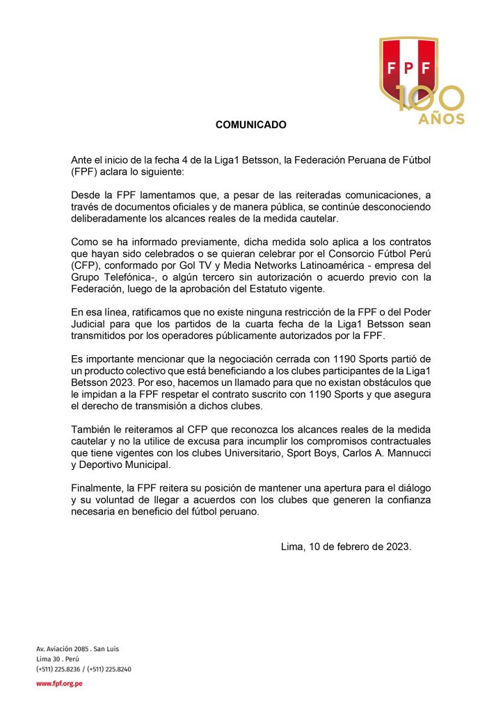 Comunicado oficial de la FPF sobre la transmisión de los partidos de la fecha 4 del Torneo Apertura.
