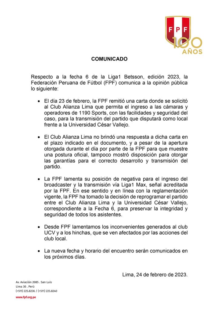 Comunicado de la FPF sobre la reprogramación del partido entre Alianza Lima y César Vallejo.