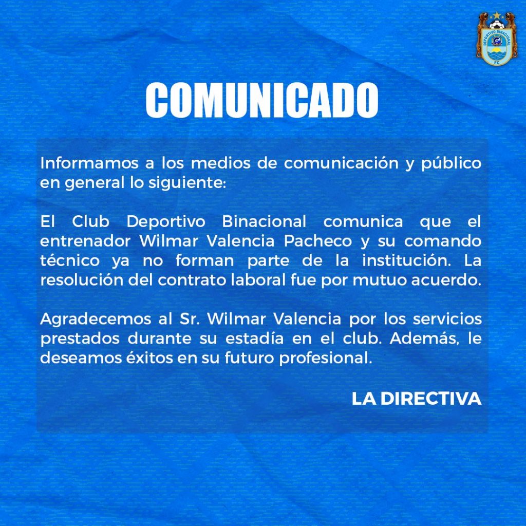 Anuncio oficial de Deportivo Binacional sobre la salida de Wilmar Valencia.