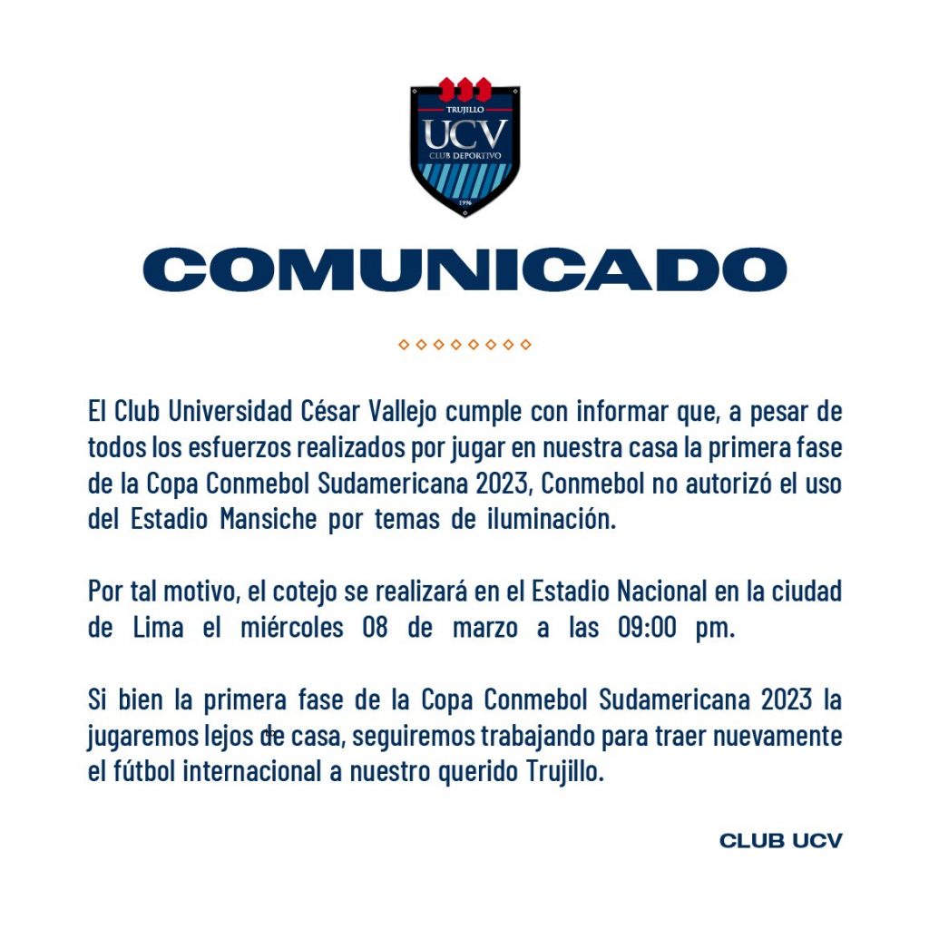 Comunicado oficial de la César Vallejo sobre el cambio de sede para jugar ante Binacional.