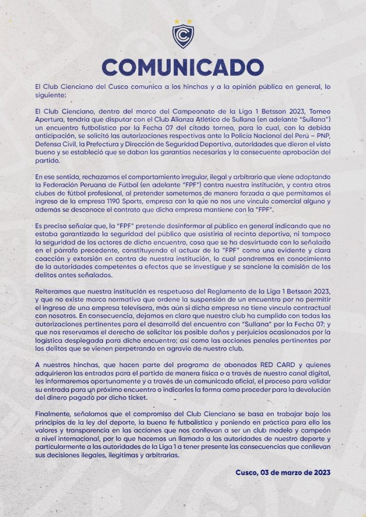 Comunicado oficial de Cienciano del Cusco sobre la reprogramación de su duelo ante Alianza Atlético.