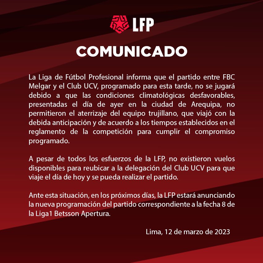 Comunicado oficial de la Liga de Fútbol Profesional.