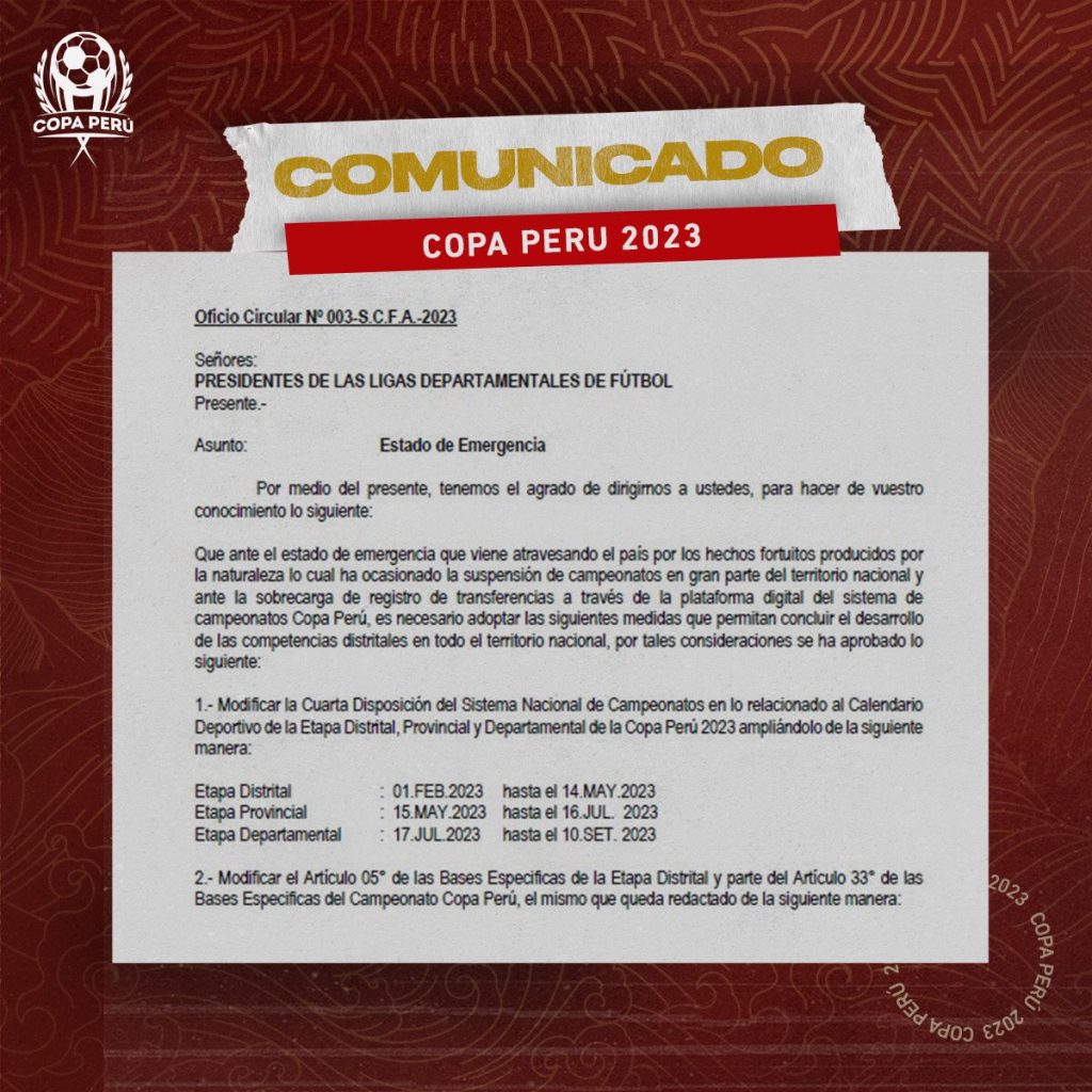 Comunicado oficial sobre los cambios en el calendario de la Copa Perú.