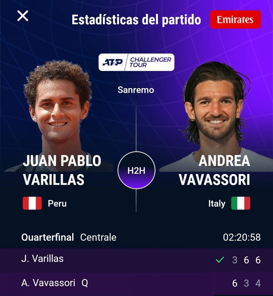 Estadísticas del duelo entre Juan Pablo Varillas y Andrea Vavassori.