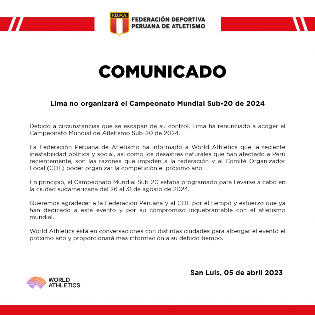 Comunicado de la Federación Deportiva Peruana de Atletismo sobre el Mundial Sub-20 que iba a realizarse en nuestro país.