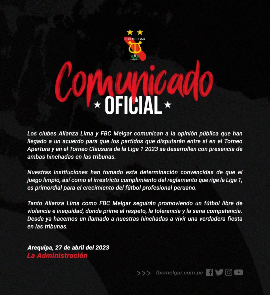 Comunicado oficial del FBC Melgar sobre sus duelos ante Alianza Lima con ambas hinchadas.