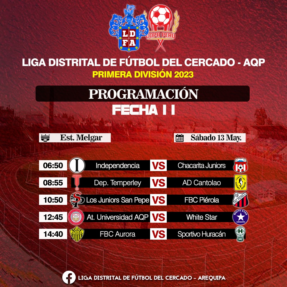 Programación de la última fecha de la Liga Distrital de Fútbol de Cercado en Arequipa.