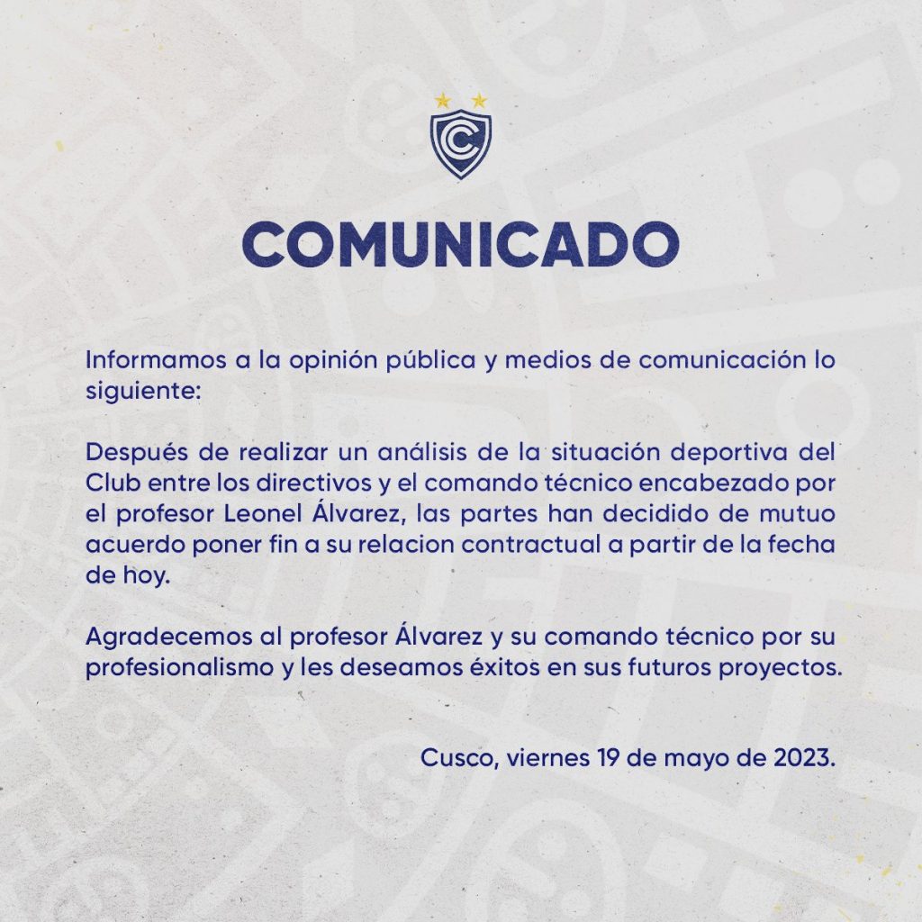 Comunicado oficial de Cienciano del Cusco sobre la salida de Leonel Álvarez.