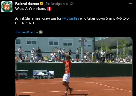 Redes oficiales del Roland Garros destacan la victoria de Varillas en el Grand Slam.