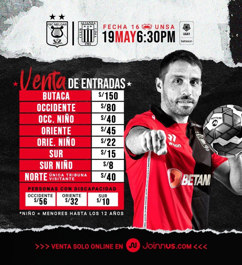 Precios de las entradas para el FBC Melgar vs Alianza Lima.