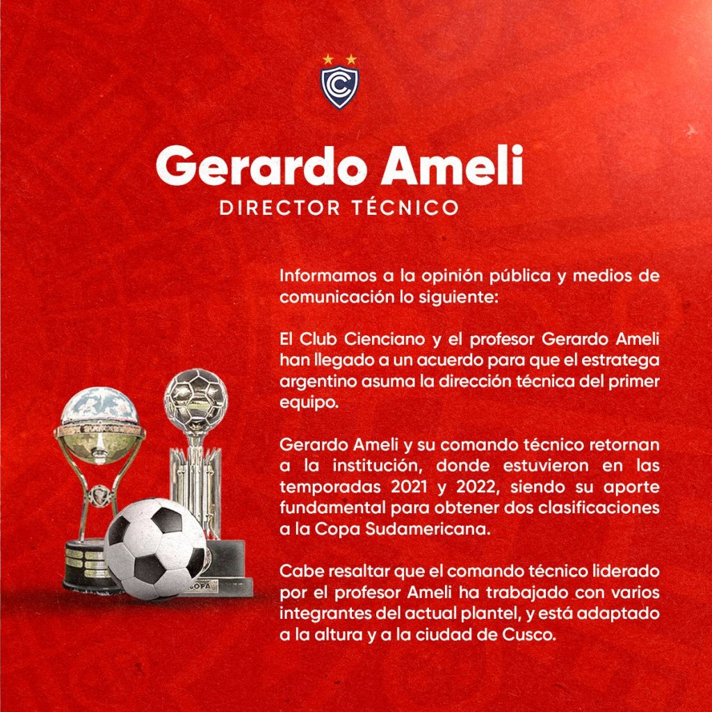Comunicado oficial de Cienciano del Cusco sobre la contratación de Gerardo Ameli.