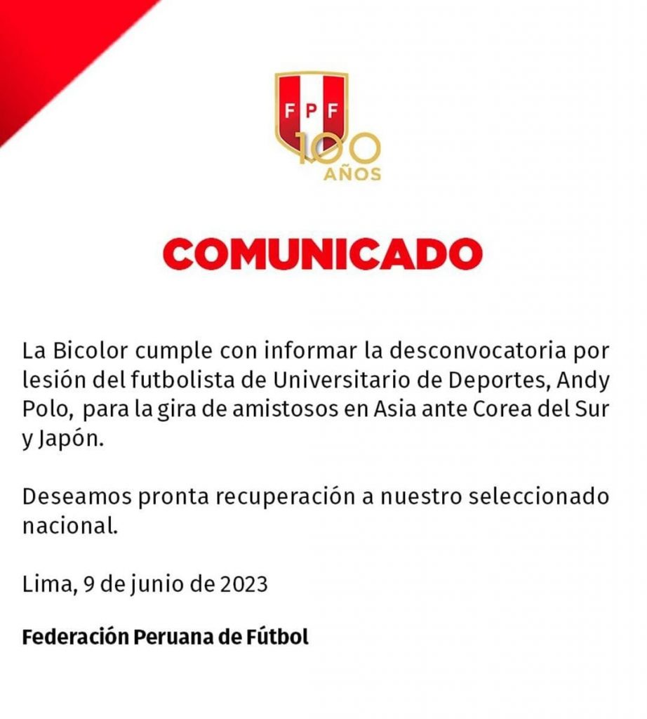 Comunicado oficial de la Selección Peruana. 